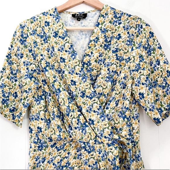 A.P.C. APC Mathilda Floral Midi Dress Dab Jaune Clair Blue Yellow Faux Wrap US 6 - Picture 8 of 16